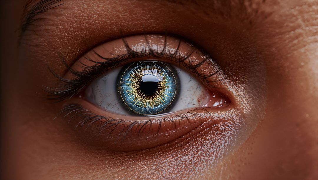 Macro human eye showing teal iris with golden electric pattern in pupil for biometric concept