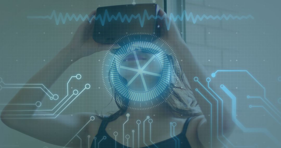 Woman Using VR Headset with Futuristic Data Overlay