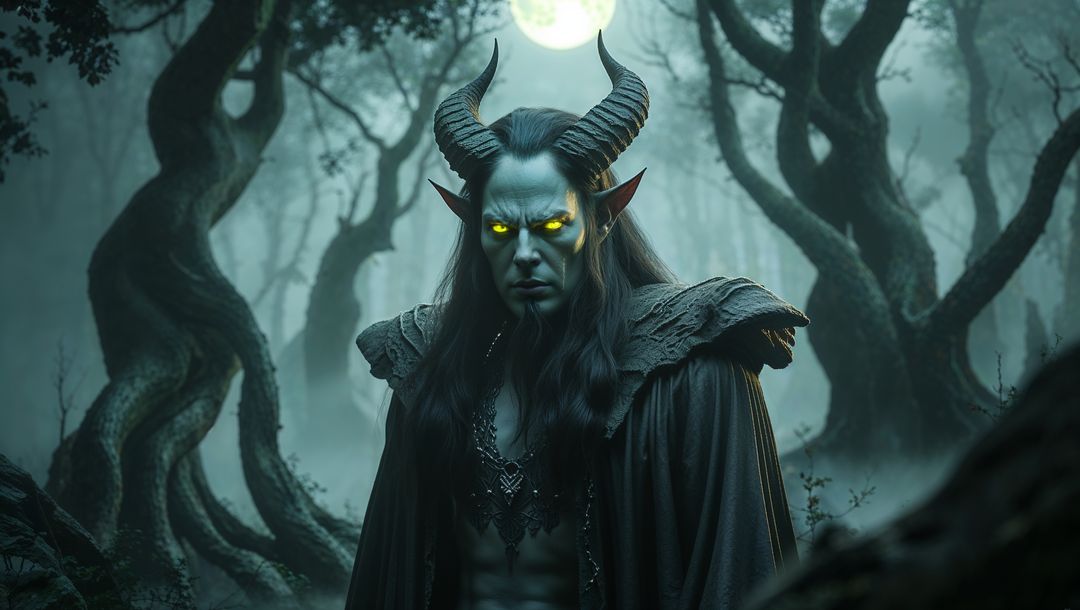 Mythical satan with horns during full moon night