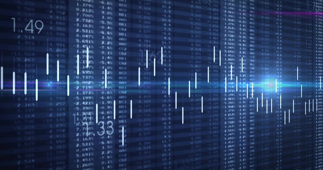 Displaying Futuristic Blue Candlestick Trading Chart Showing Market Data, Neon Analytics