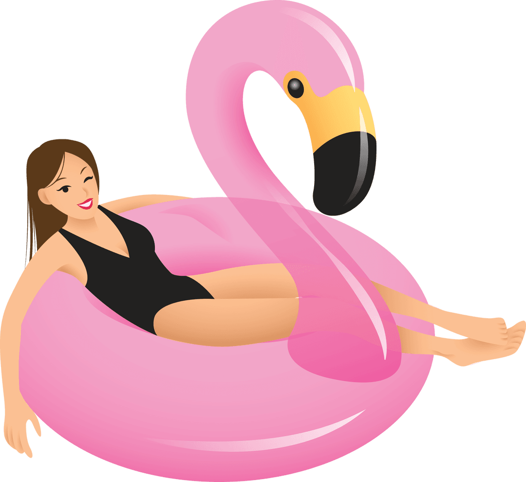 Woman Relaxing on Flamingo Pool Float Transparent Background Vector
