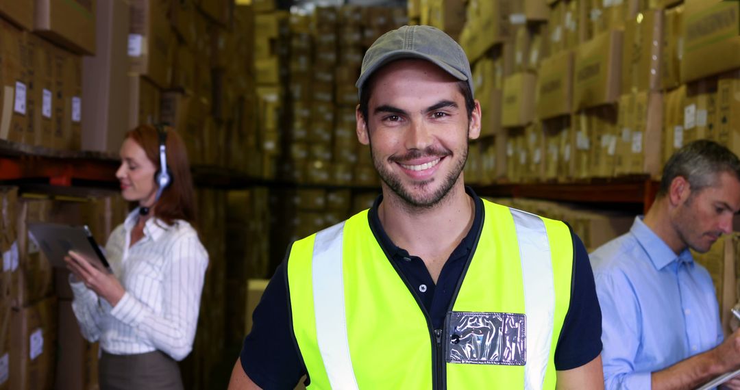 Warehouse Worker Smiling in Distribution Center - Free Images, Stock Photos and Pictures on Pikwizard.com