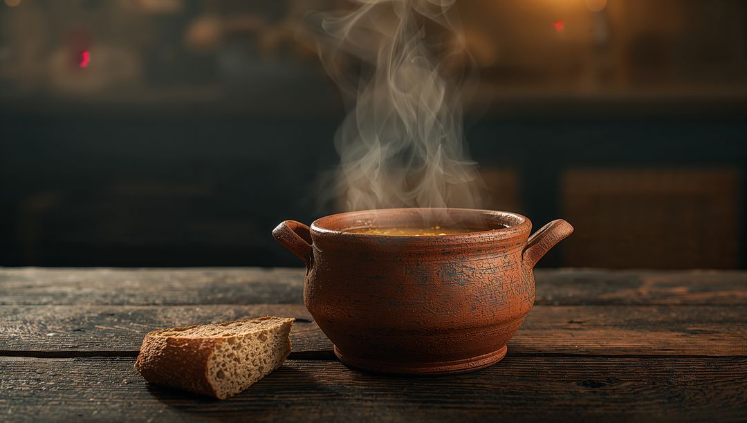 Steaming Terracotta Pot with Broth and Rustic Bread