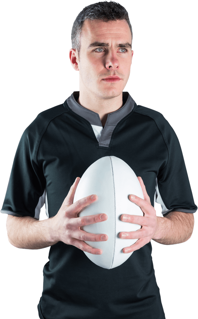 Transparent Portrait of Determined Rugby Player Holding Ball
