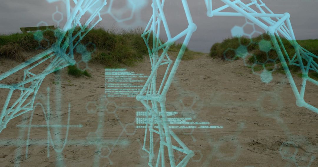 Futuristic Digital Wireframe Overlay on Coastal Dune Pathway
