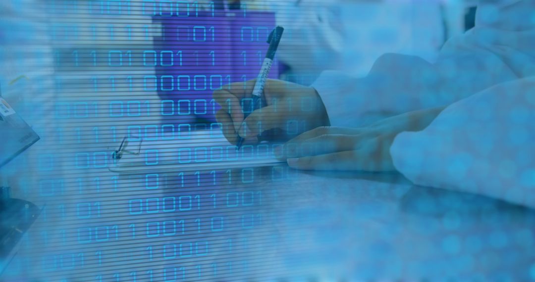 Scientist Taking Notes with Digital Binary Code Overlay