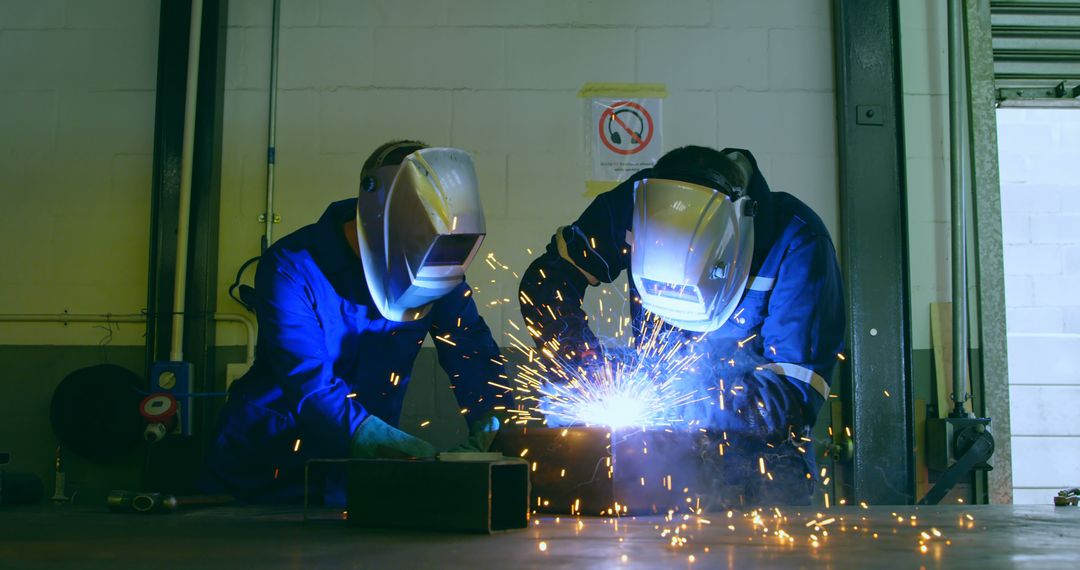 Welding Workers Using Protective Gear in Industrial Workshop - Free Images, Stock Photos and Pictures on Pikwizard.com