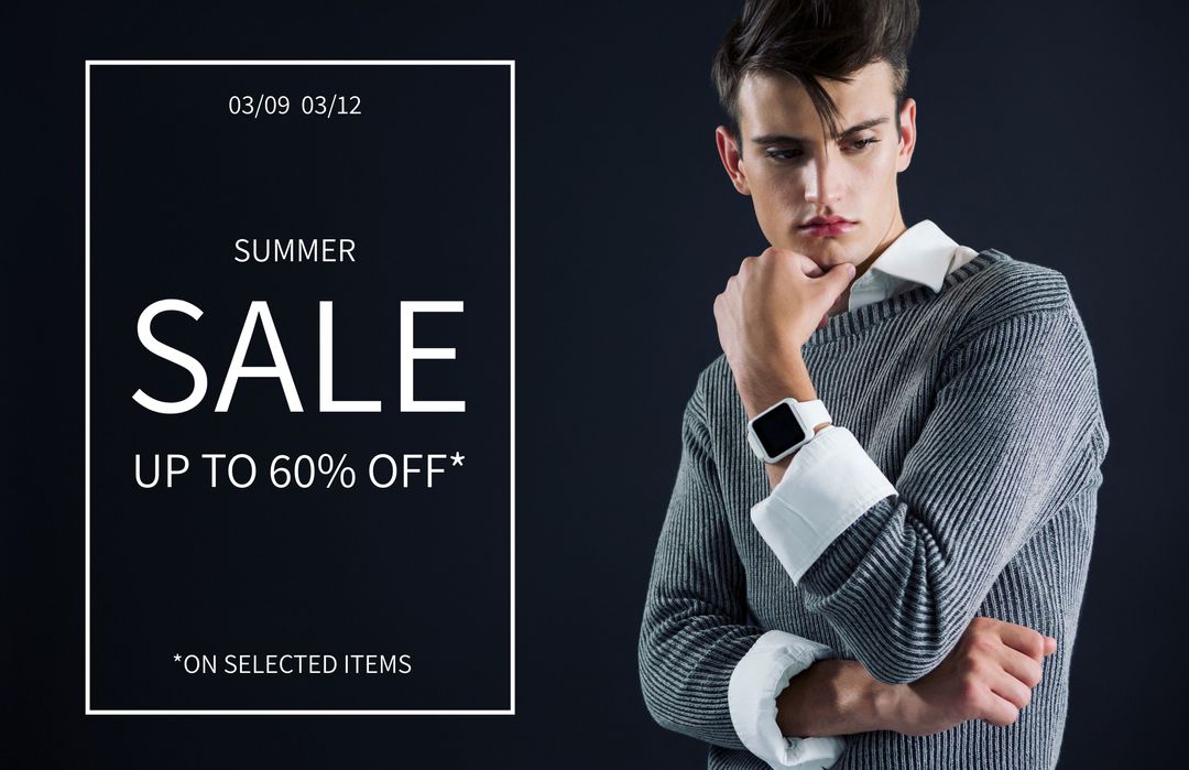 Stylish Young Man Posing with Smartwatch for Summer Sale Ad - Download Free Stock Templates Pikwizard.com