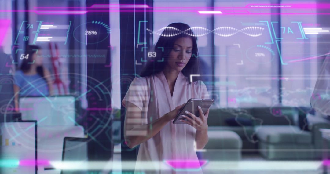 Businesswoman Analyzing Data on Digital Tablet with Futuristic Interface