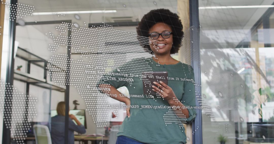 Confident Businesswoman Using Tablet with Global Business Interface