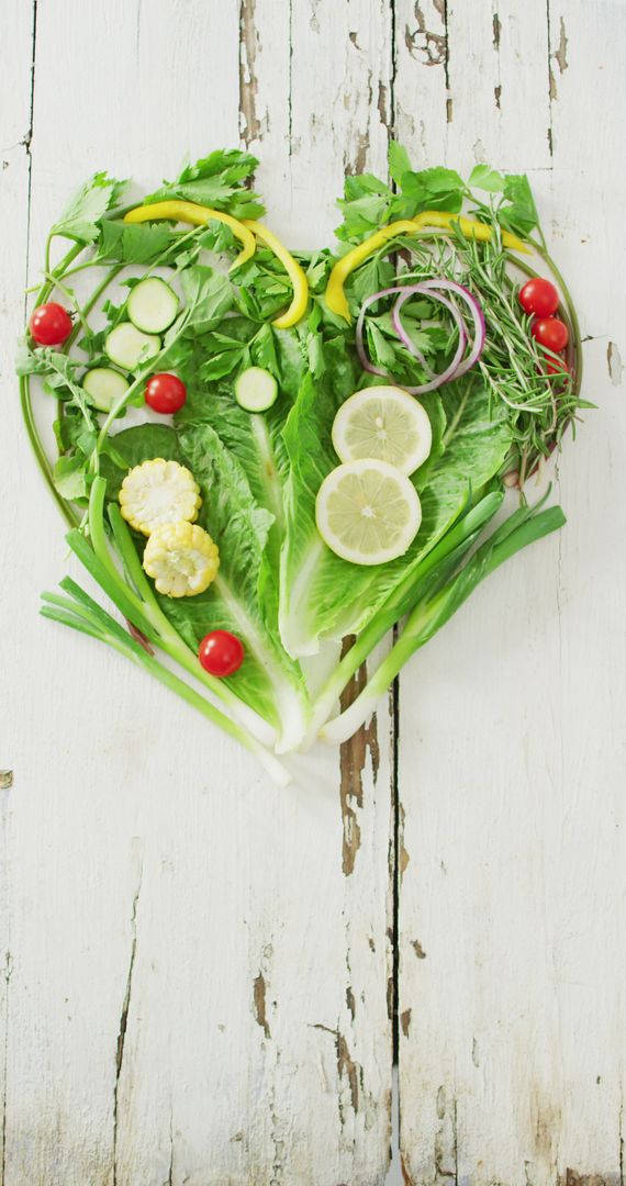 Healthy Heart Shaped by Fresh Vegetables on Rustic Wood