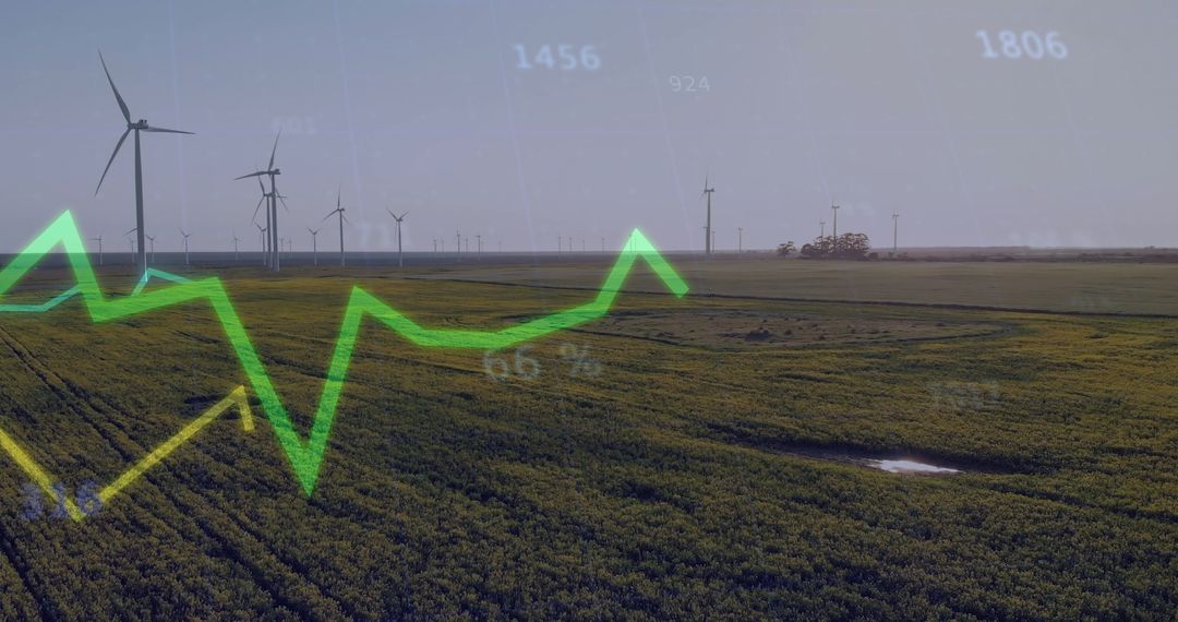 Wind Turbines on Farmland with Superimposed Neon Graph Lines