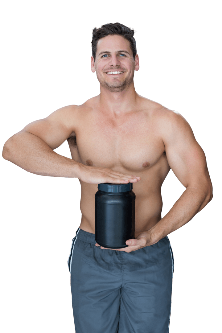 Shirtless Fit Man Holding Black Supplement Container on Transparent Background