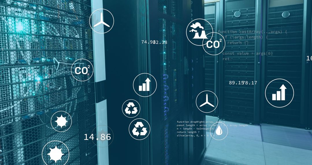 digital interface with environment icons over data servers - Free Images, Stock Photos and Pictures on Pikwizard.com