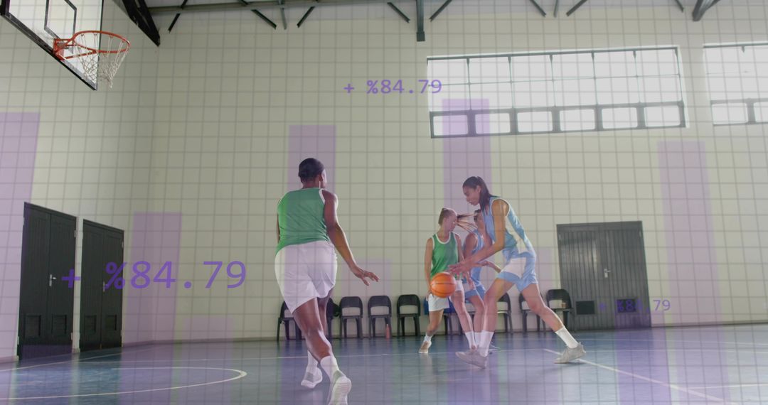 Young women practicing basketball drill on indoor court with purple analytics overlay
