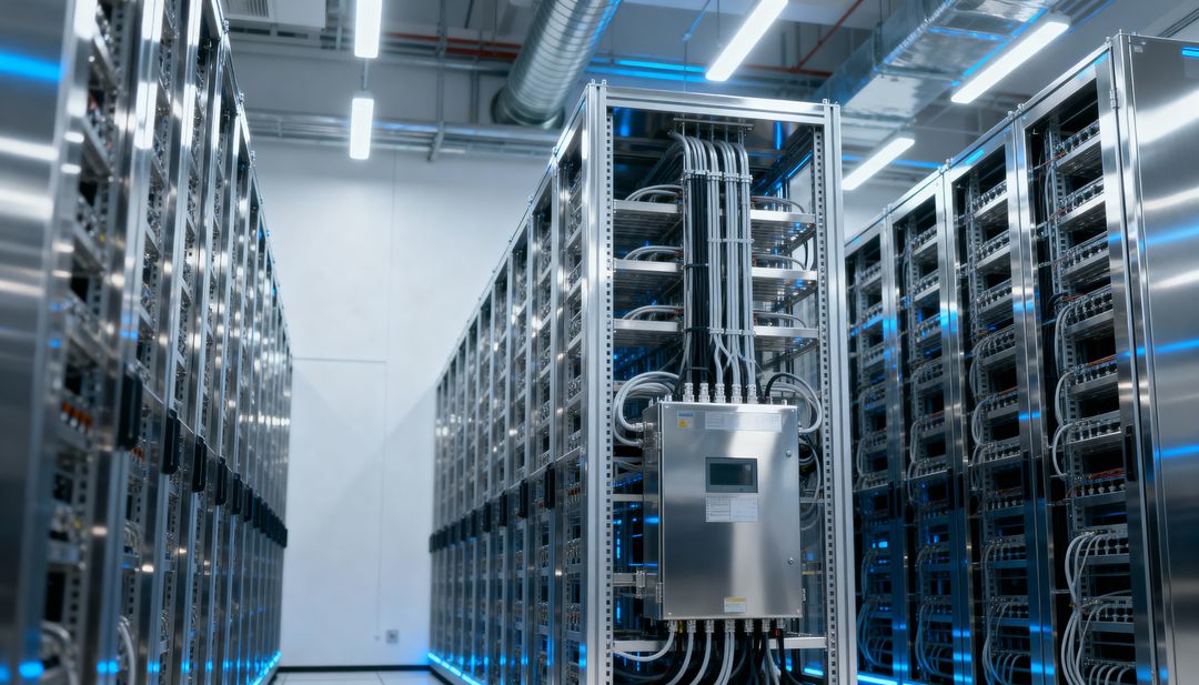 Central server rack with bundled cabling and control panel in LED-lit high-density data center aisle