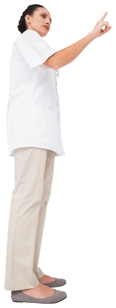 Caucasian Female Doctor in White Coat Pointing, Isolated on Transparent Background