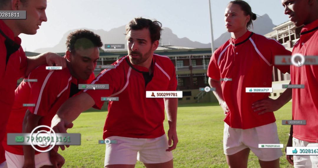 Rugby Players Analyzing Strategy with Data Graphics