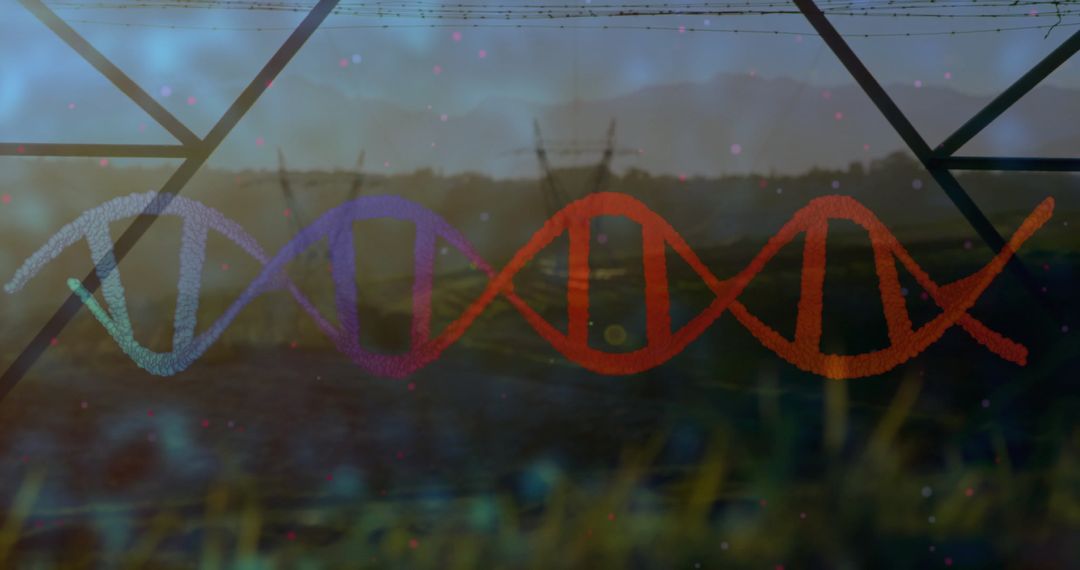 Digital DNA Helix Spanning Countryside with Electric Pylons