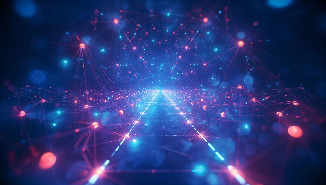 Neon Lights Forming Futuristic Data Tunnel with Network Nodes