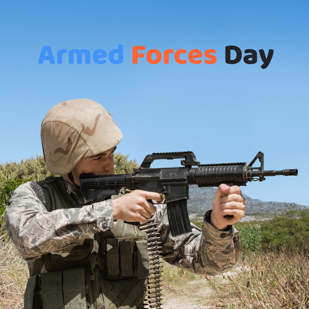 Caucasian Army Soldier Aiming Rifle in Desert on Armed Forces Day - Download Free Stock Templates Pikwizard.com