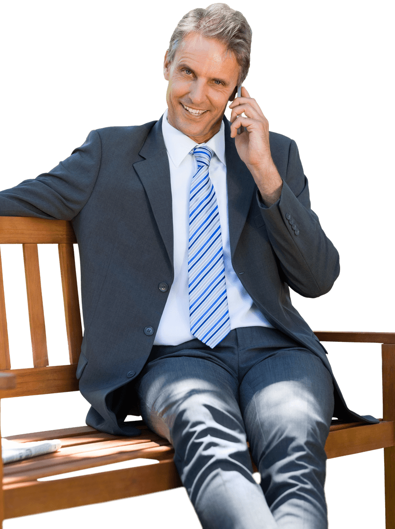 Confident Businessman Sitting on Bench Talking on Transparent Phone