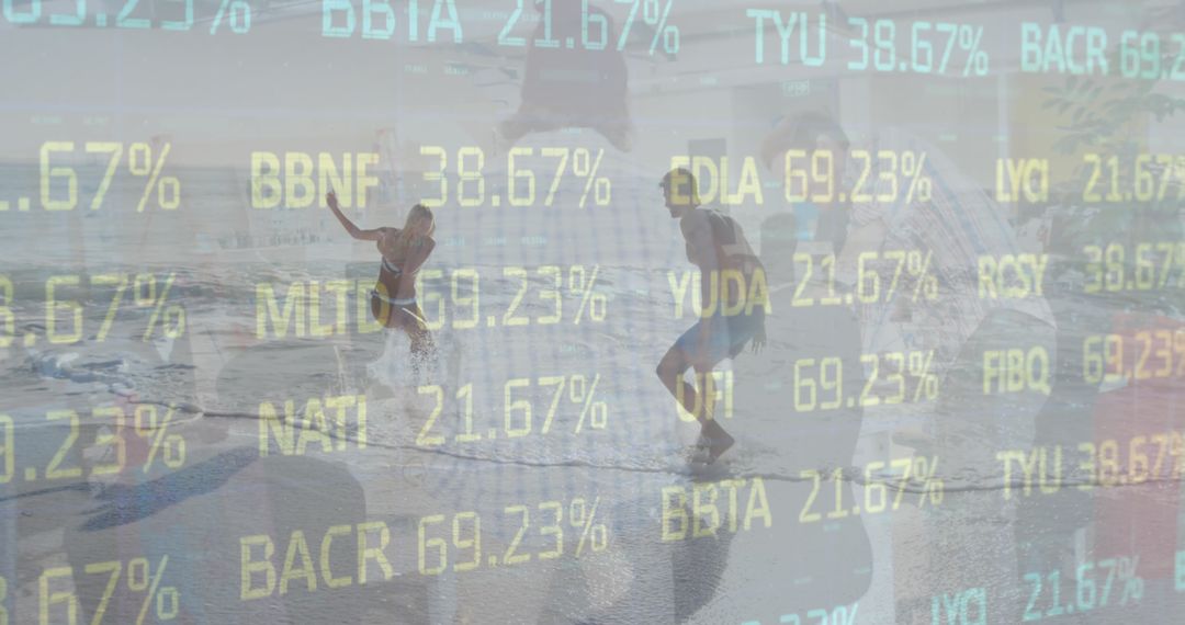 Children Playing at Beach with Financial Data Overlay