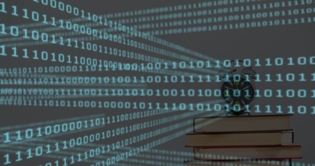 Binary Code Flowing Over Stacked Books with Alarm Clock