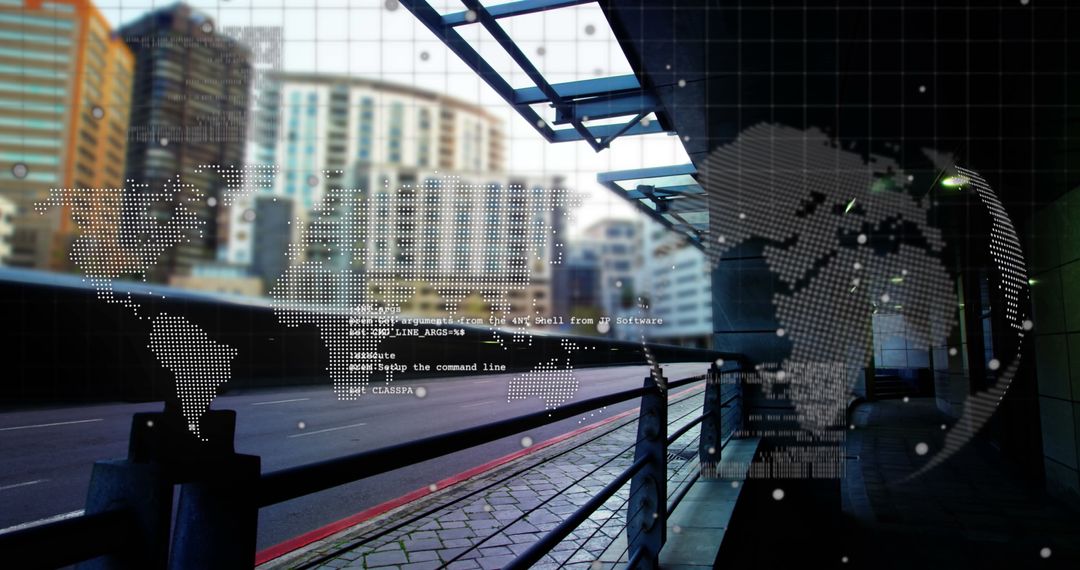 Digital World Map Overlay with Data Network Concepts Downtown