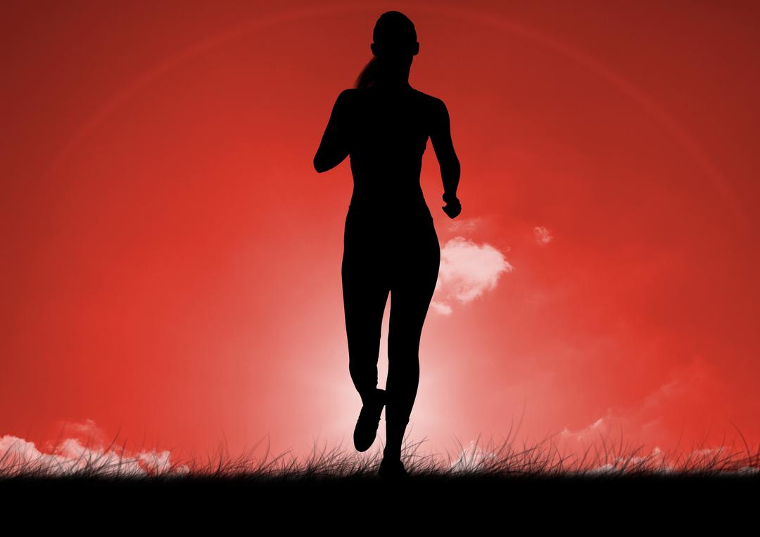 Silhouette of Woman Running Against Vibrant Red Sunrise - Free Images, Stock Photos and Pictures on Pikwizard.com