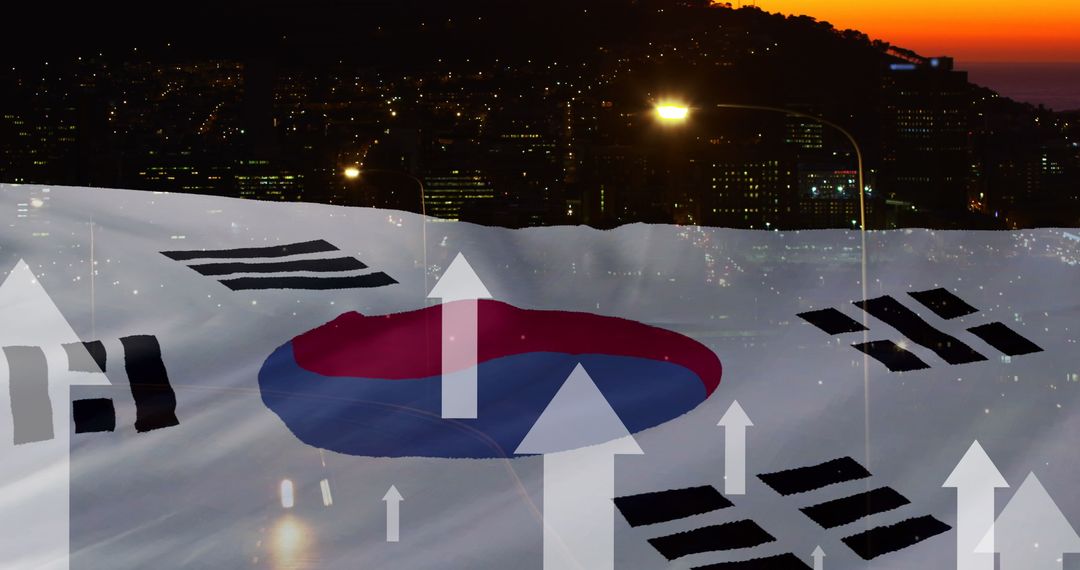 South Korean Flag Over Cityscape with Upward Arrows for Growth