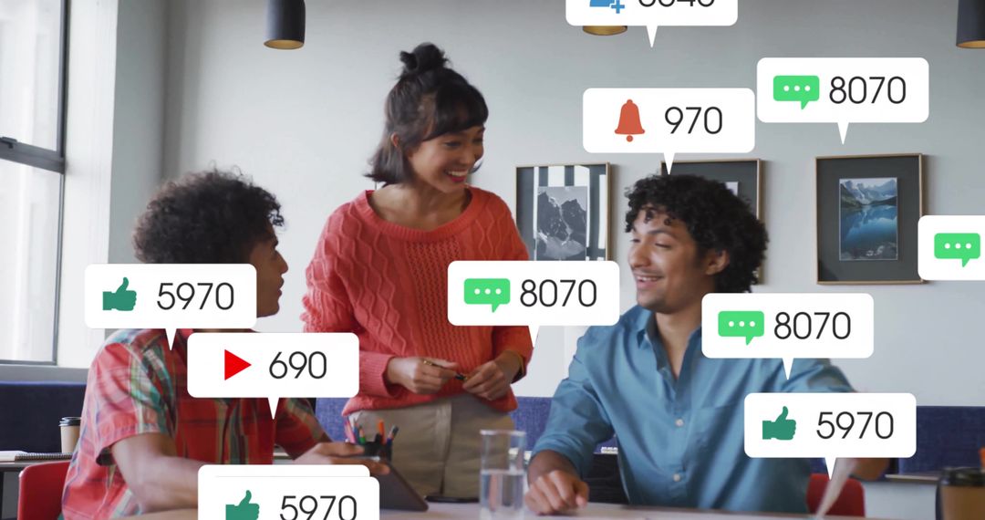 Leading team collaboration with social media notifications in modern coworking workspace