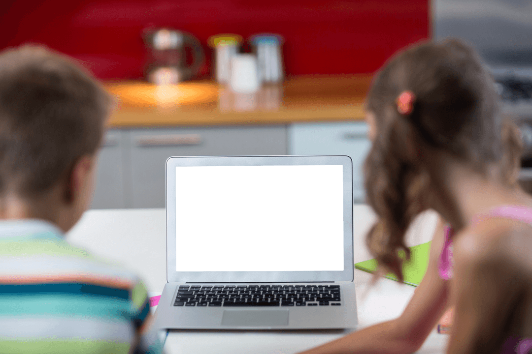 Kids Watching Computer with Transparent Screen in Bright Kitchen Setting