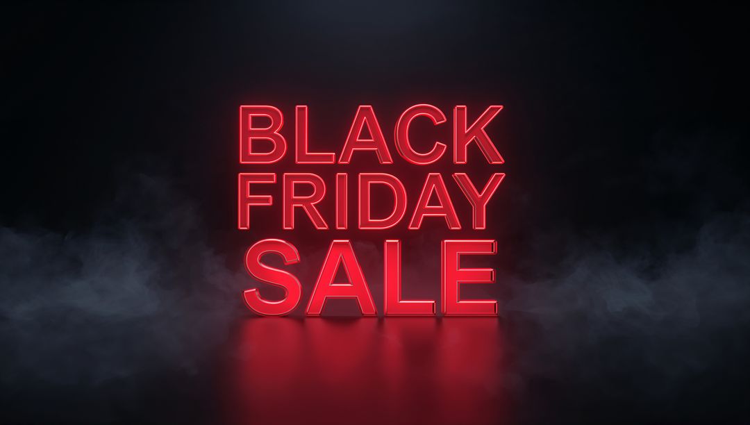 Red Neon Black Friday Sale Sign with Fog and Glossy Reflection for Retail Promotion
