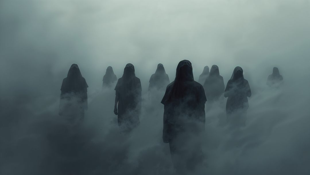 Mysterious Hooded Figures in Foggy Atmosphere