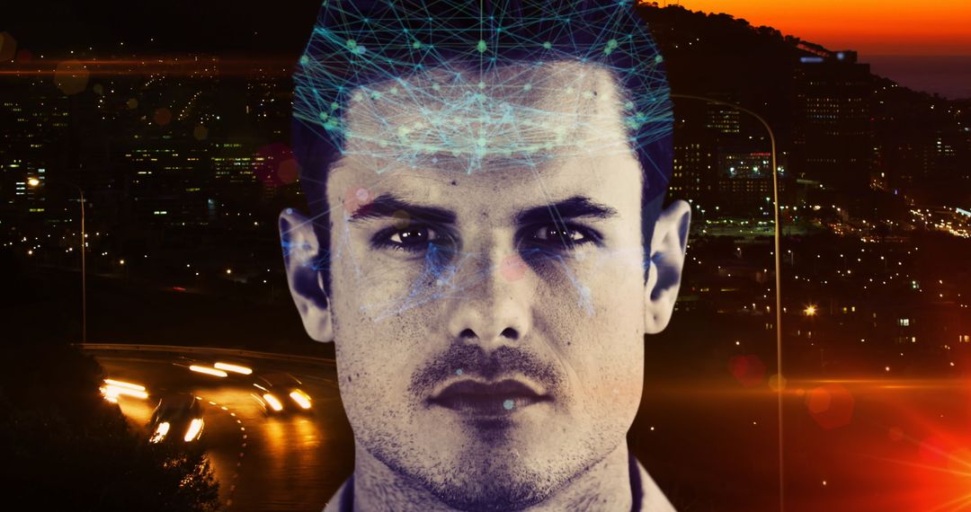 Futuristic Digital Interface Overlaid on Cityscape with Man