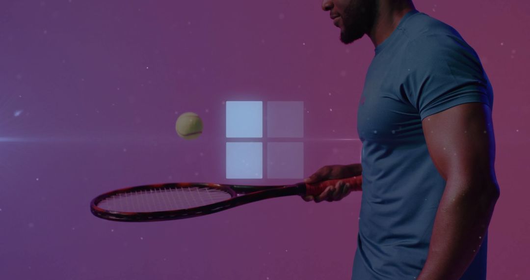 Tennis Player Balancing Ball on Racket in High-Tech Studio Setting