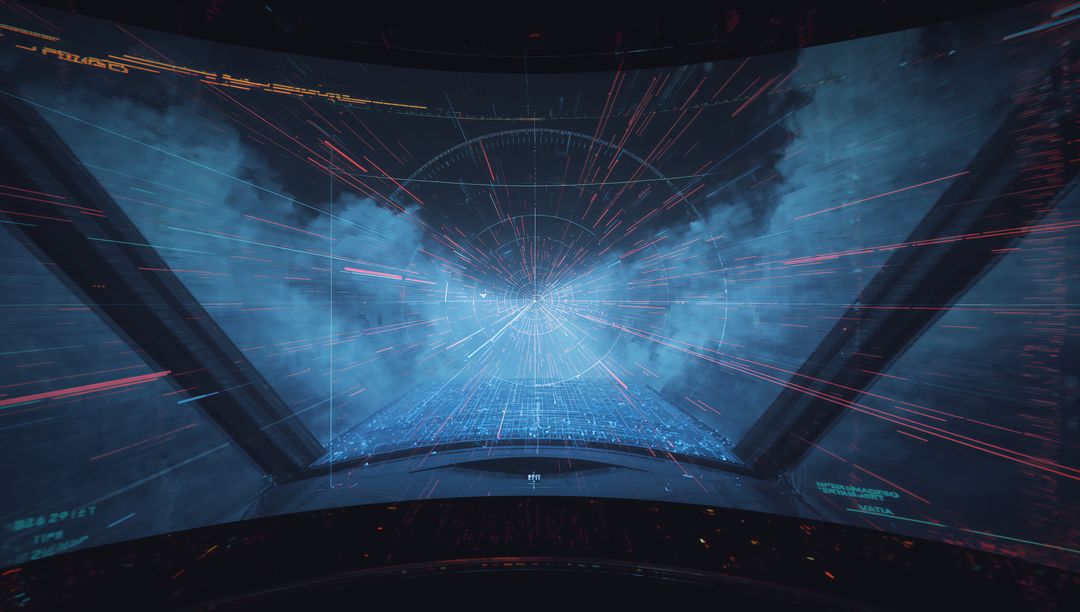 Cruising through warp tunnel with holographic HUD in starship cockpit bridge