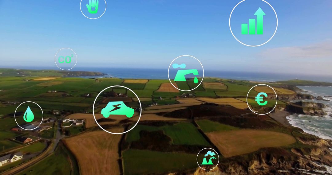 Aerial View of Farmland with Digital Sustainability Overlays