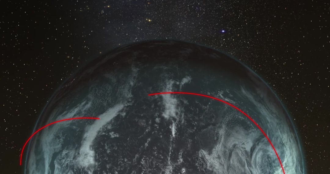 Rotating Planet with Red Arcs in Starry Cosmos