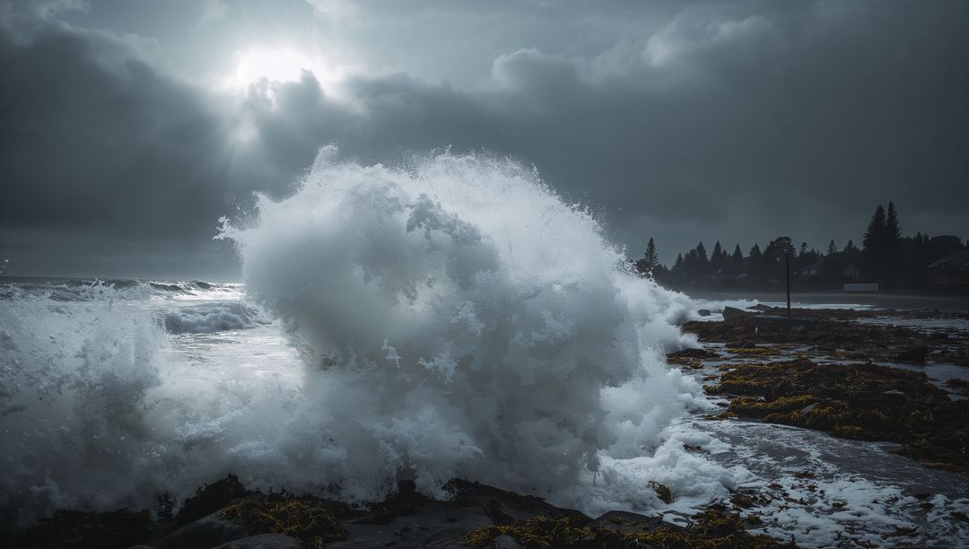 Dramatic Ocean Waves Crashing on Coastal Rocks in Stormy Weather