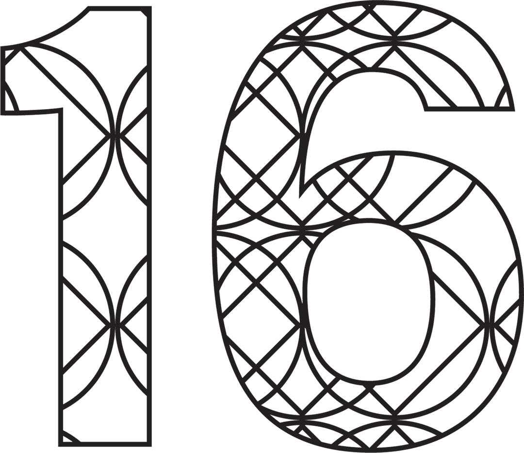 Elegant Black Number 16 with Pattern on Transparent Background