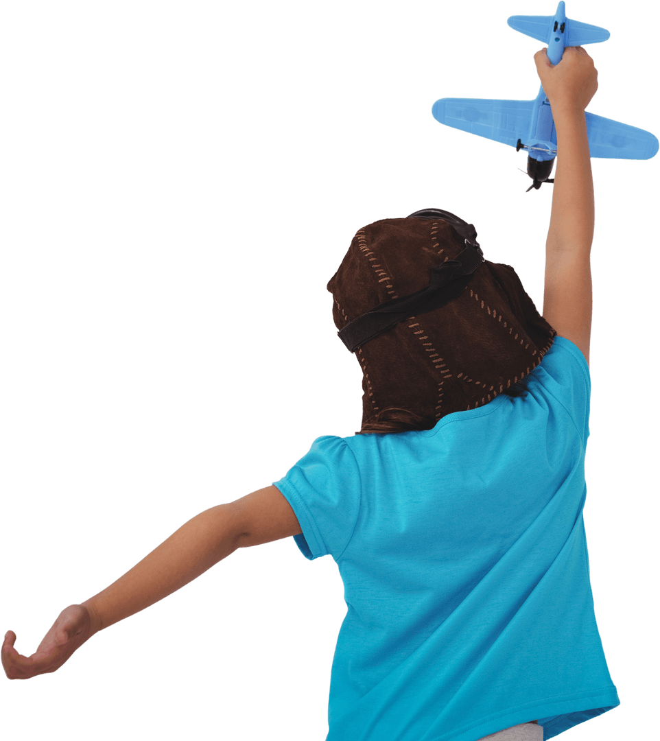 Young Girl Pretending to Fly with Toy Airplane Transparent Background