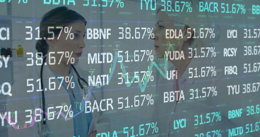 Doctors in Professional Discussion Amid Financial Data Overlay