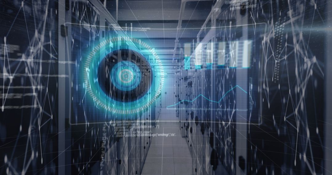 Futuristic HUD Display Scanning Data Servers in Modern Facility