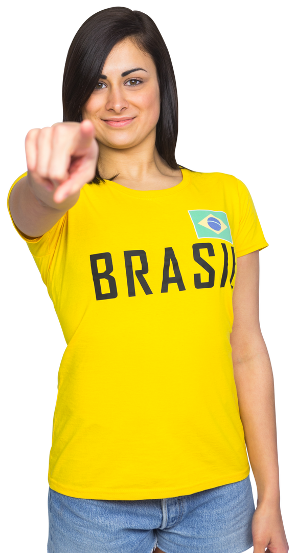 Smiling Woman Pointing in Transparent Brazil T-Shirt, Celebrating Football - Download Free Stock Images Pikwizard.com