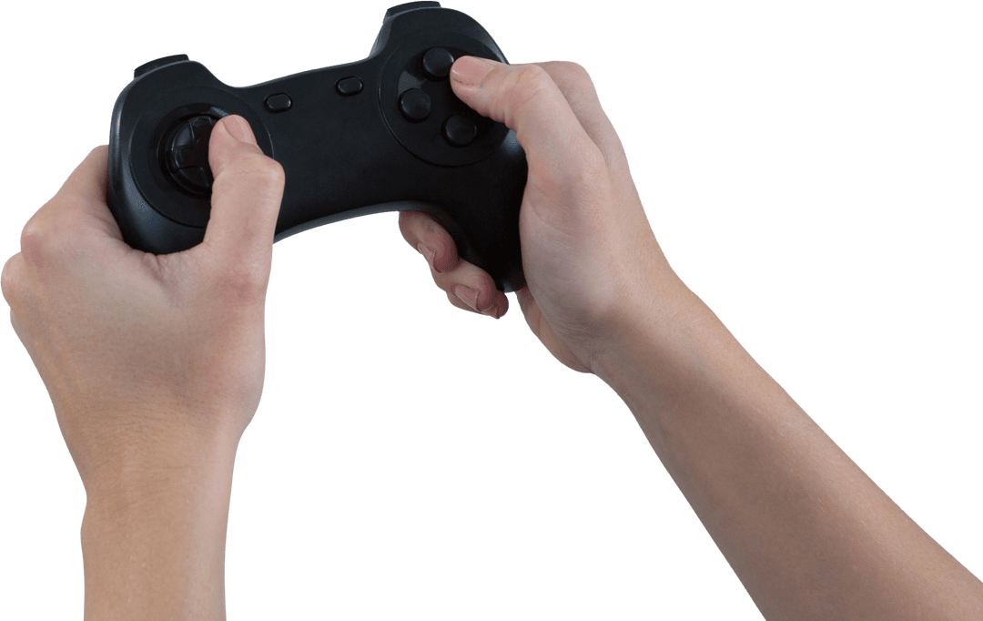 Hands Holding Black Game Controller Isolated on Transparent Background