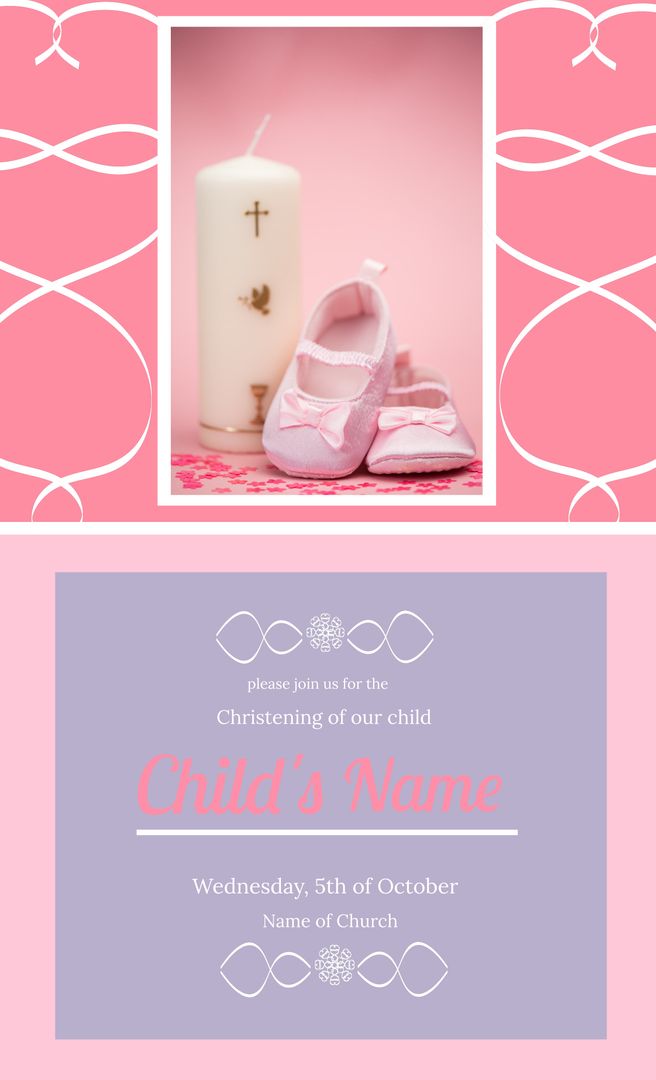 Christening Invitation with Candle and Baby Shoes in Soft Pastel Colors - Download Free Stock Templates Pikwizard.com