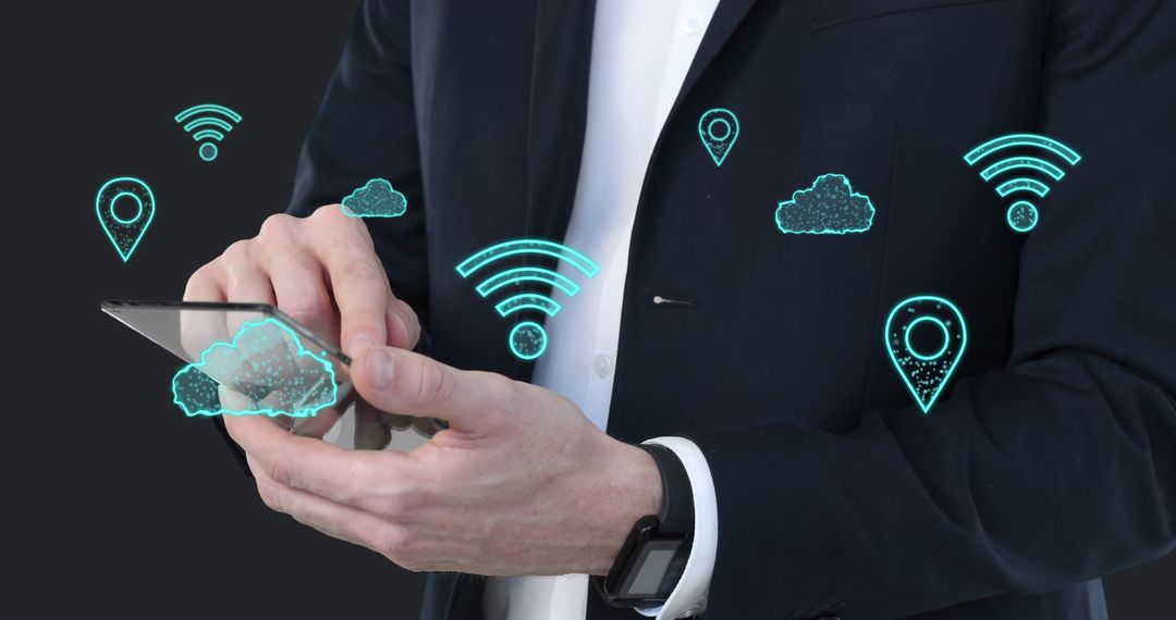 Futuristic Businessman Using Transparent Smartphone with Digital Icons