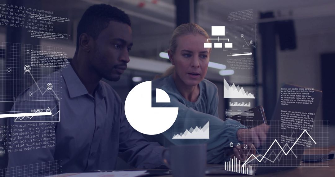 Diverse Professionals Analyzing Financial Data and Trends in Futuristic Office